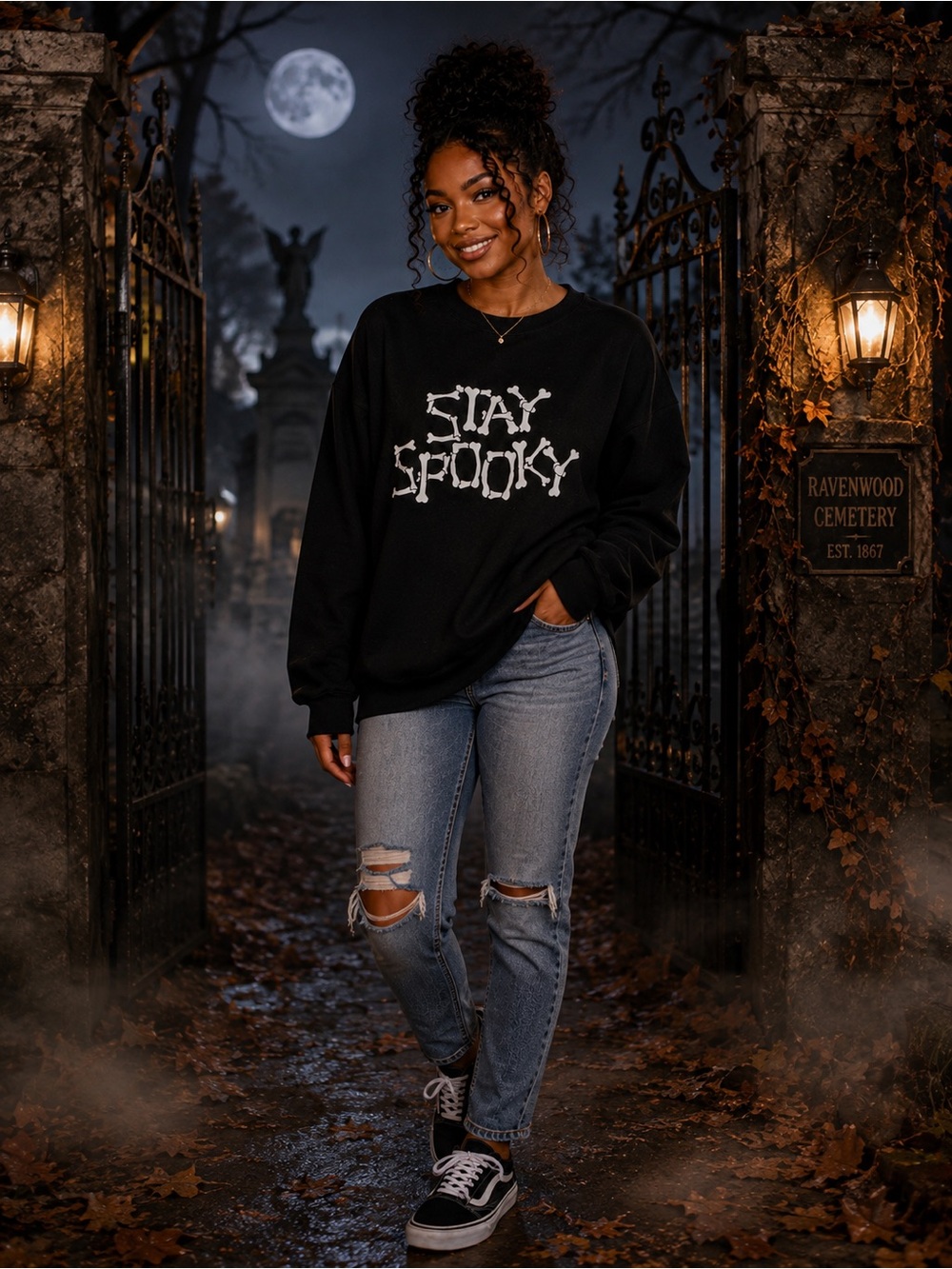 Plus Size Halloween Stay Spooky Bone Graphic Sweatshirt - Picture 2 of 5